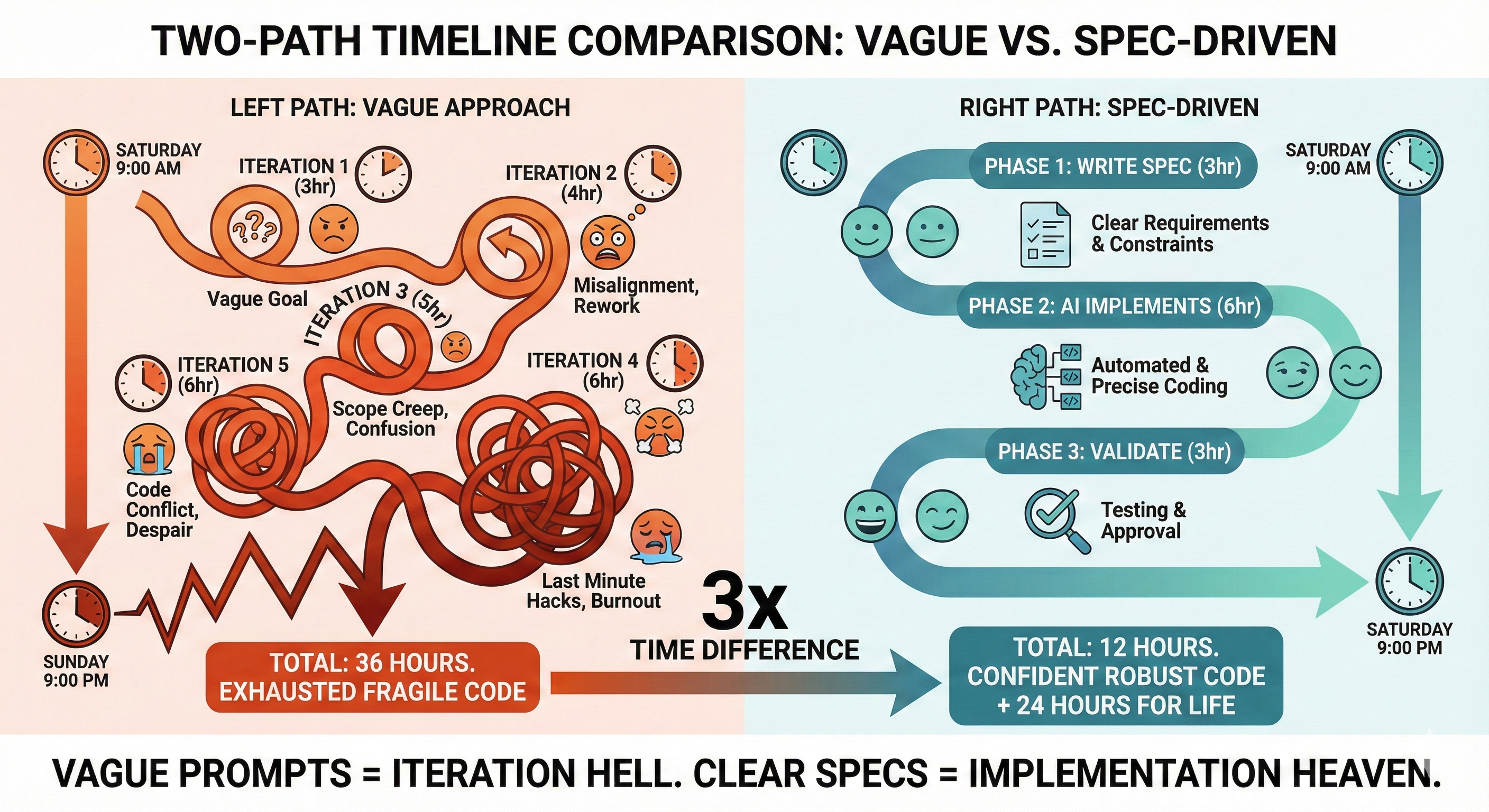 Timeline comparison showing vague prompt approach taking 10-20 hours across multiple iterations versus clear specification approach taking 4-6 hours with upfront collaboration